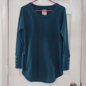 ​Chaser Teal Waffle Knit Thermal Top Button Cuff Sleeve L